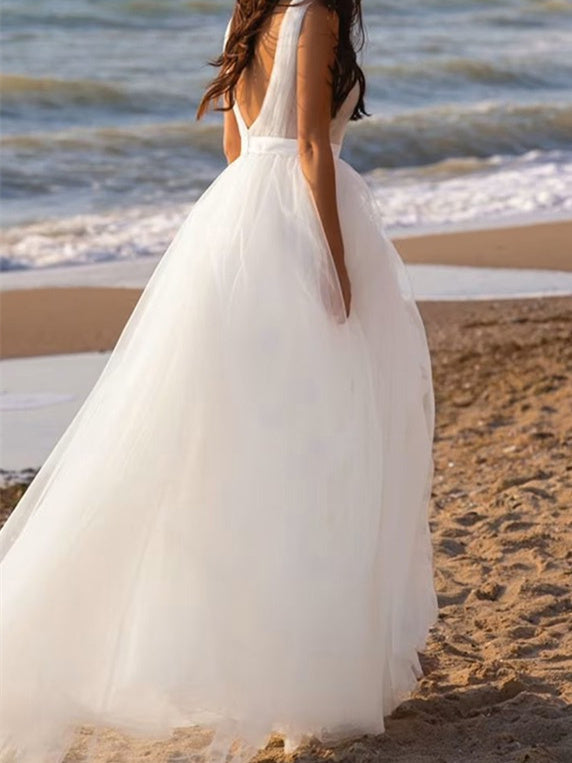 Robe de Mariée en Tulle Coupe A-Line/Princesse avec Décolleté en V Profond et Longueur Au Sol