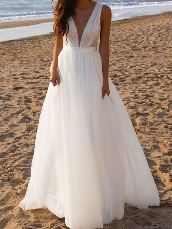 Robe de Mariée en Tulle Coupe A-Line/Princesse avec Décolleté en V Profond et Longueur Au Sol