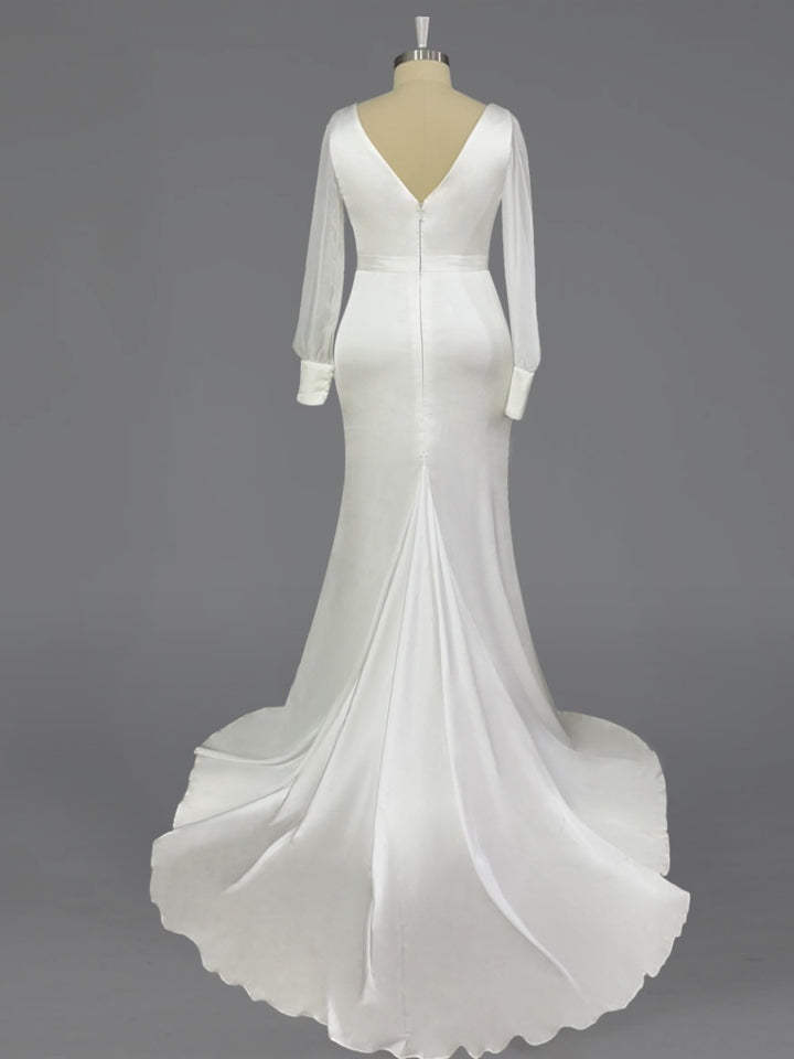 Robe de Mariée Sirène/Trompette à Col en V et Manches Longues