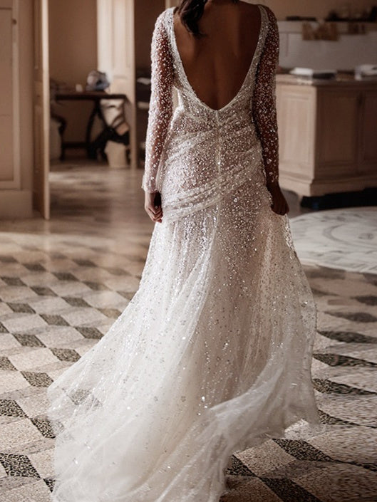 Robe de Mariée Fourreau/Colonne à Col en V et Longueur Au Sol avec Sequins et Fente