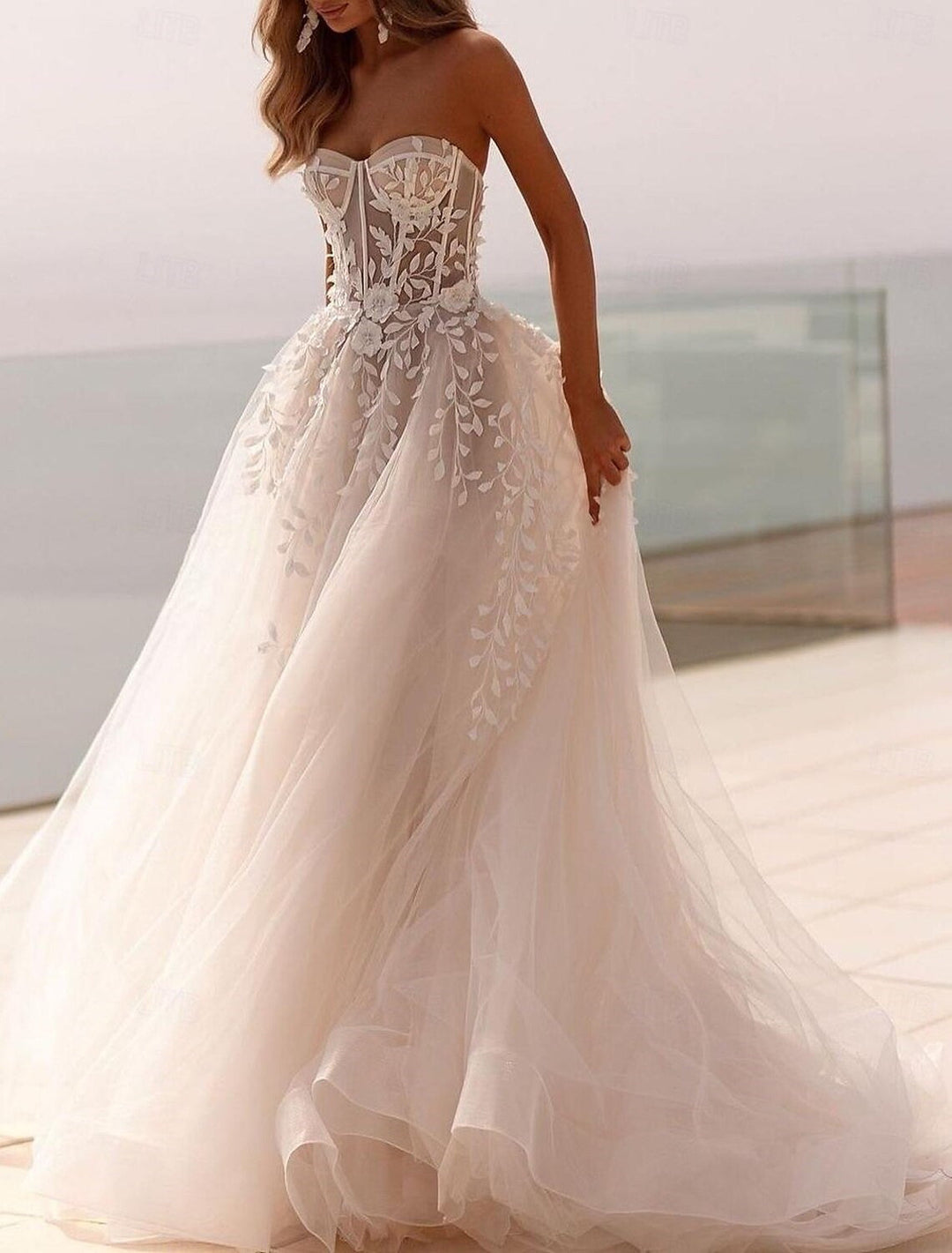 Robe de Mariée Trapèze/Princesse à Traîne en Cœur et à Balayage pour Mariage à la Plage