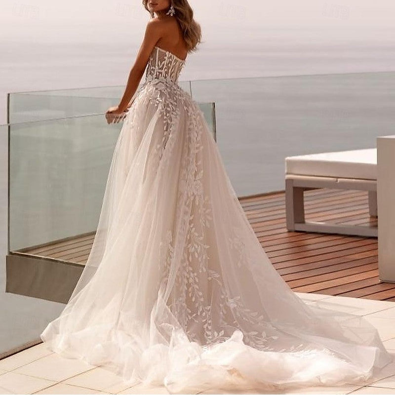 Robe de Mariée Trapèze/Princesse à Traîne en Cœur et à Balayage pour Mariage à la Plage
