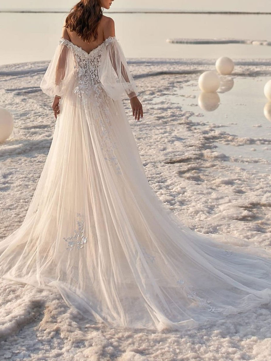 Robe de Mariée Trapèze/Princesse à Épaules Dénudées et Traîne pour Mariage Sur la Plage