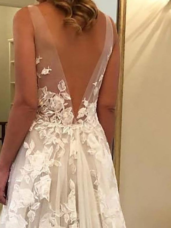 Robe de Mariée de Plage Coupe A-Line/Princess à Col en V avec Appliques