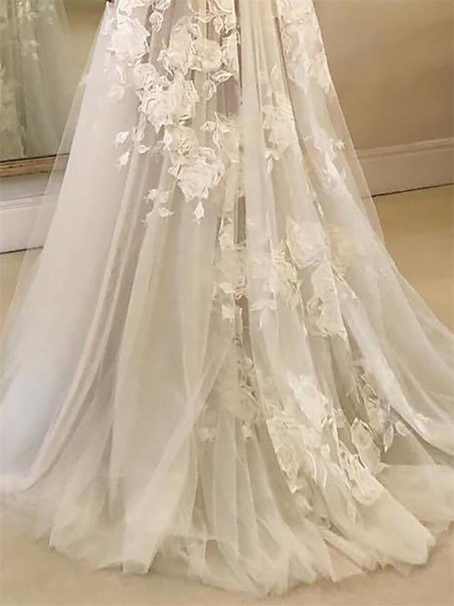 Robe de Mariée de Plage Coupe A-Line/Princess à Col en V avec Appliques