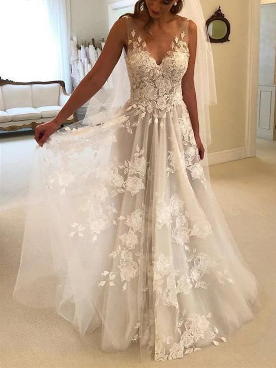 Robe de Mariée de Plage Coupe A-Line/Princess à Col en V avec Appliques