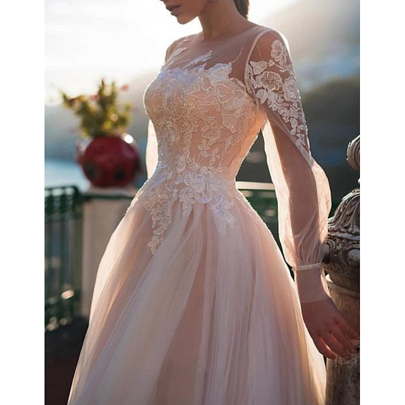 Robe de Mariée de Plage Coupe A-Line/Princess avec Décolleté Illusion et Applications Brodées
