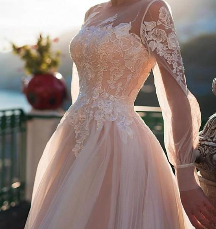 Robe de Mariée de Plage Coupe A-Line/Princess avec Décolleté Illusion et Applications Brodées