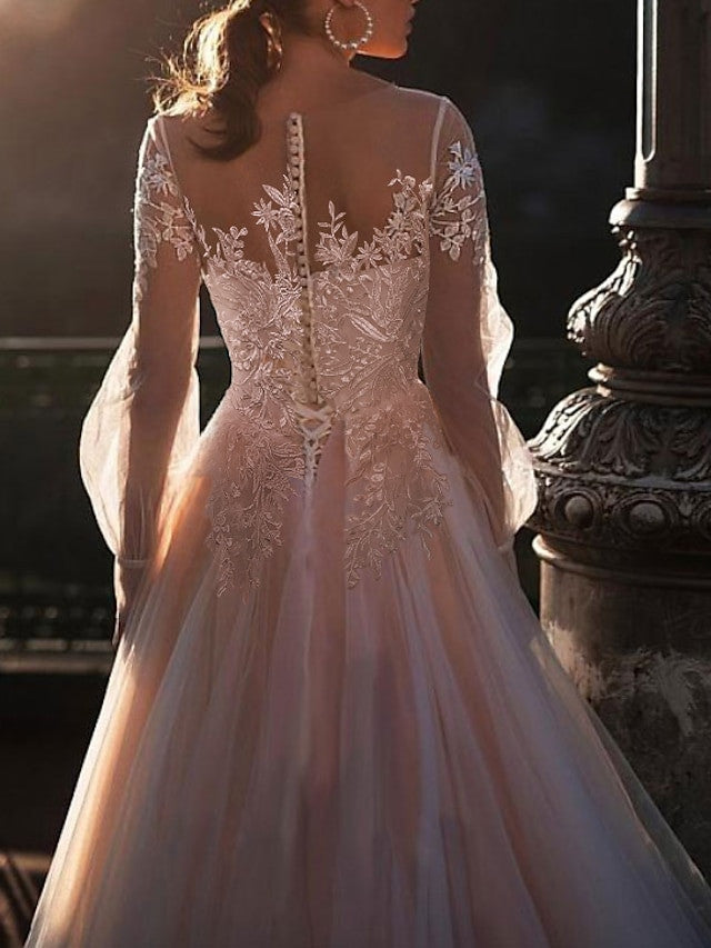 Robe de Mariée de Plage Coupe A-Line/Princess avec Décolleté Illusion et Applications Brodées