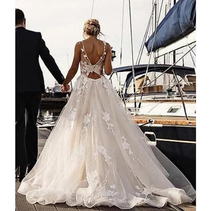 Robe de Mariée de Plage Coupe A-Line/Princess à Col en V Sans Manches avec Appliques