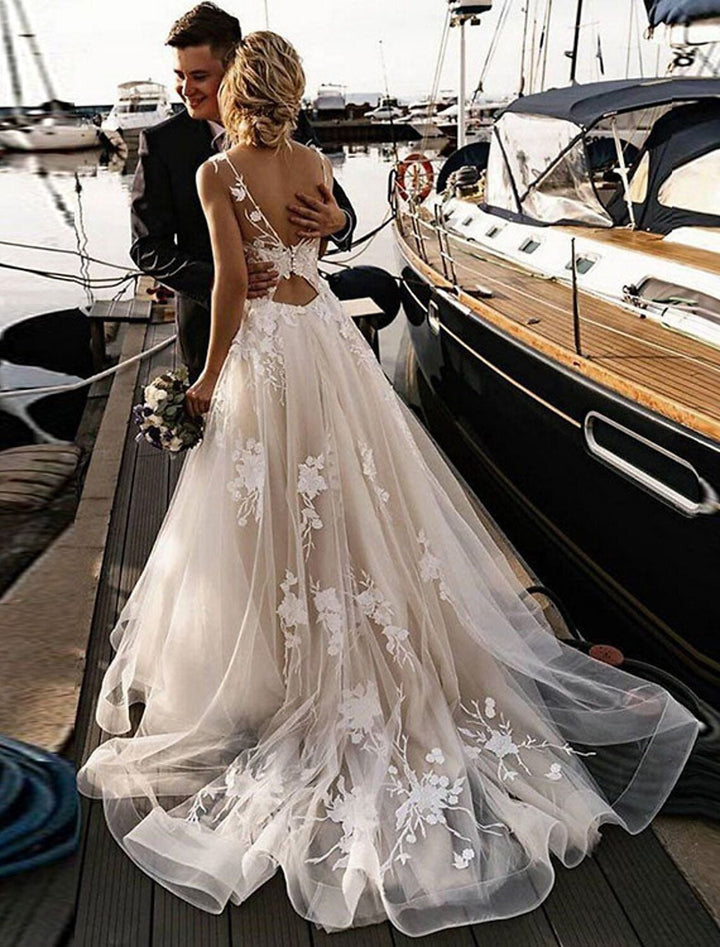 Robe de Mariée de Plage Coupe A-Line/Princess à Col en V Sans Manches avec Appliques