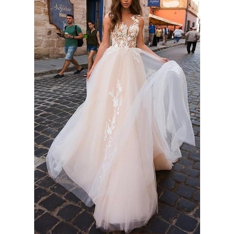 Robe de Mariée de Plage Coupe A-Line/Princess à Col en V Sans Manches avec Appliques