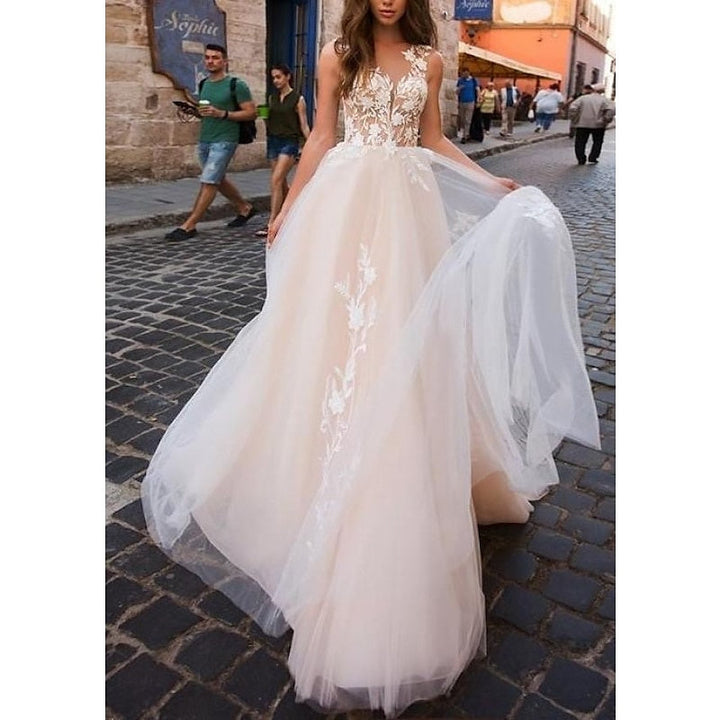Robe de Mariée de Plage Coupe A-Line/Princess à Col en V Sans Manches avec Appliques