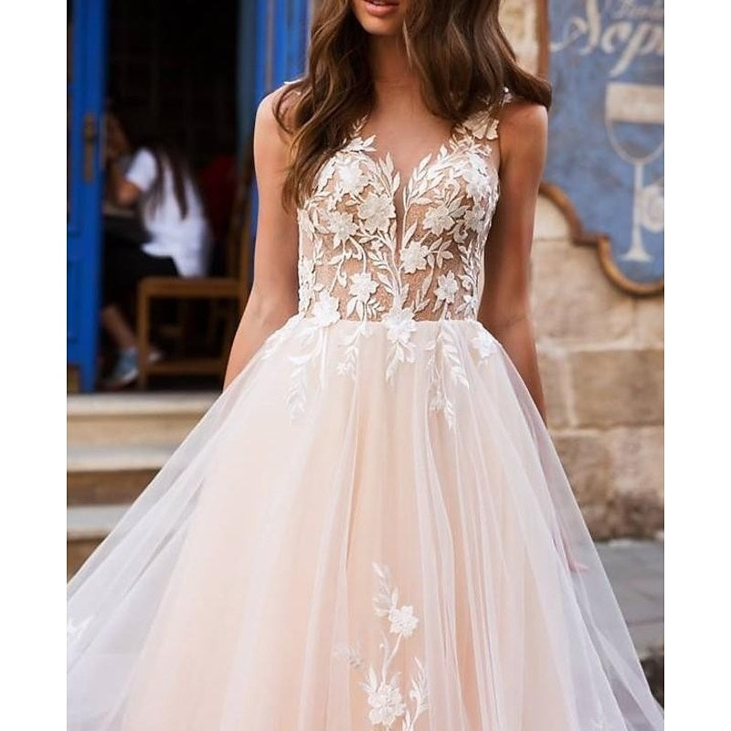 Robe de Mariée de Plage Coupe A-Line/Princess à Col en V Sans Manches avec Appliques