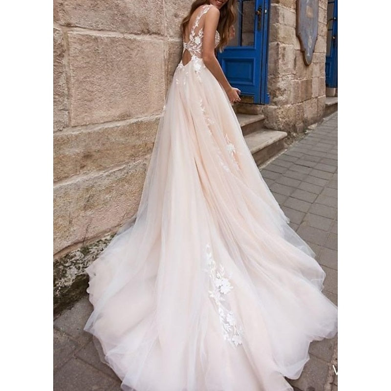 Robe de Mariée de Plage Coupe A-Line/Princess à Col en V Sans Manches avec Appliques