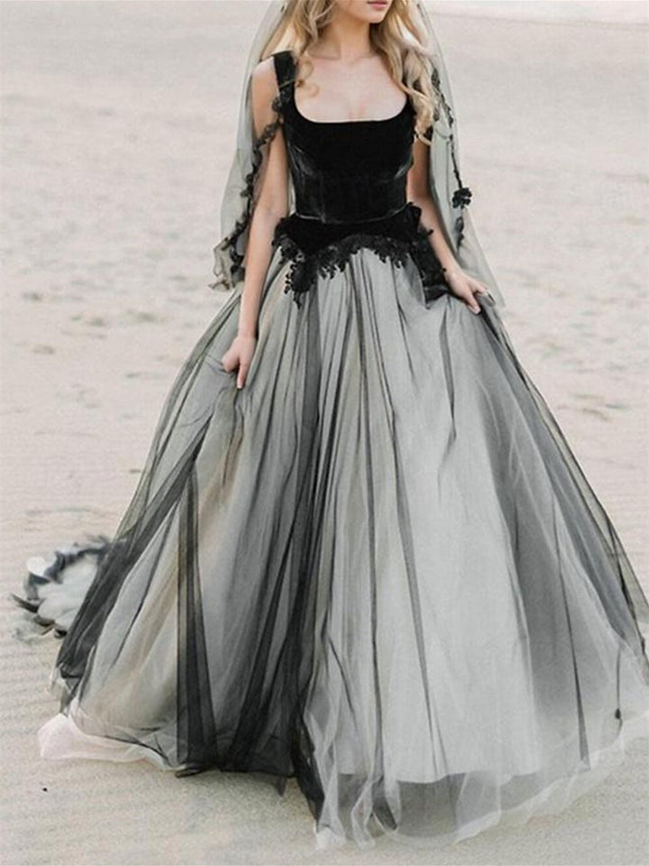 Robe de Mariée de Plage Coupe A-Line/Princesse, Col Carré, Bretelles Spaghetti, Sans Manches, avec Appliques