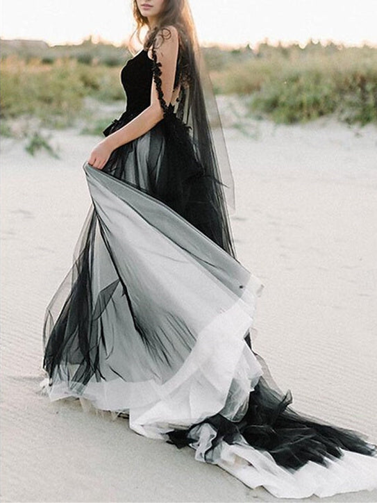 Robe de Mariée de Plage Coupe A-Line/Princesse, Col Carré, Bretelles Spaghetti, Sans Manches, avec Appliques