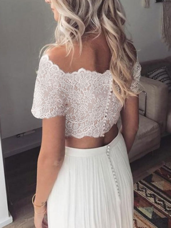 Robe de Mariée de Plage Coupe A-Line/Princesse, Épaules Dénudées, Manches Courtes avec Plis