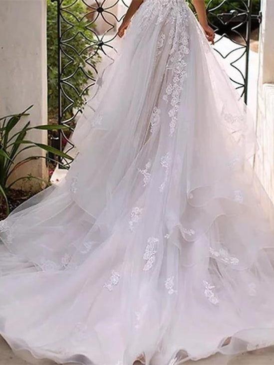 Robe de Mariée Trapèze/Princesse à Bretelles Spaghetti et Décolleté en Cœur avec Appliques