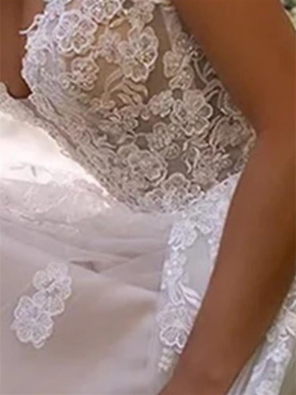 Robe de Mariée Trapèze/Princesse à Bretelles Spaghetti et Décolleté en Cœur avec Appliques