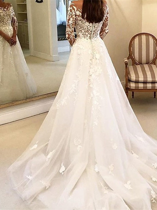 Robe de Mariée à Épaules Dénudées et Manches Longues avec Appliques