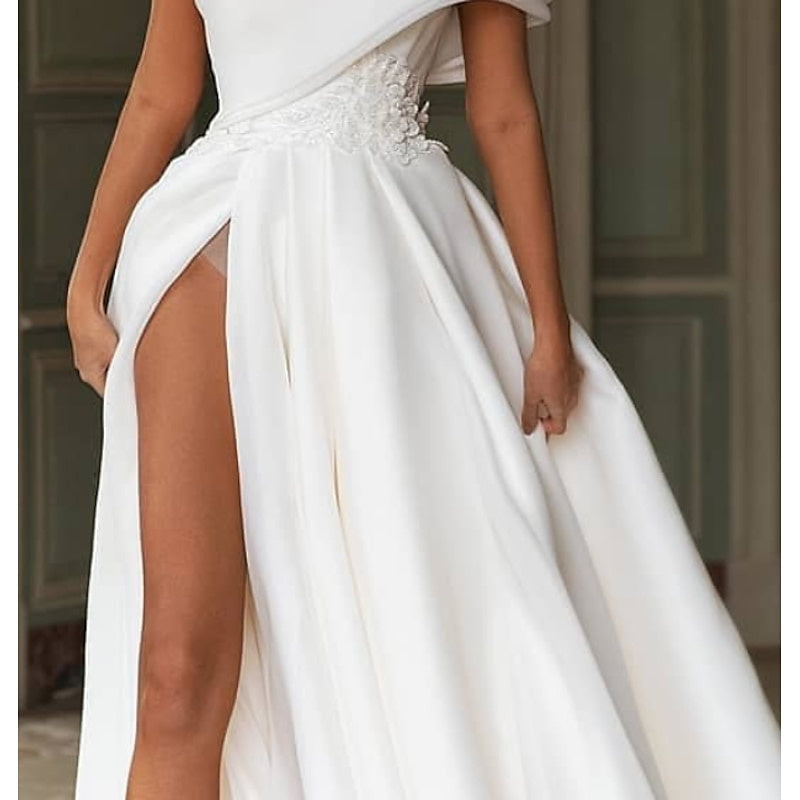 Robe de Mariée A-Line/Princess à Une Épaule et Traîne avec Appliques et Fente Sur le Devant