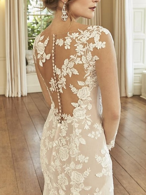 Robe de Mariée Sirène/Trompette à Col Illusion et Manches Longues avec Traîne et Broderie