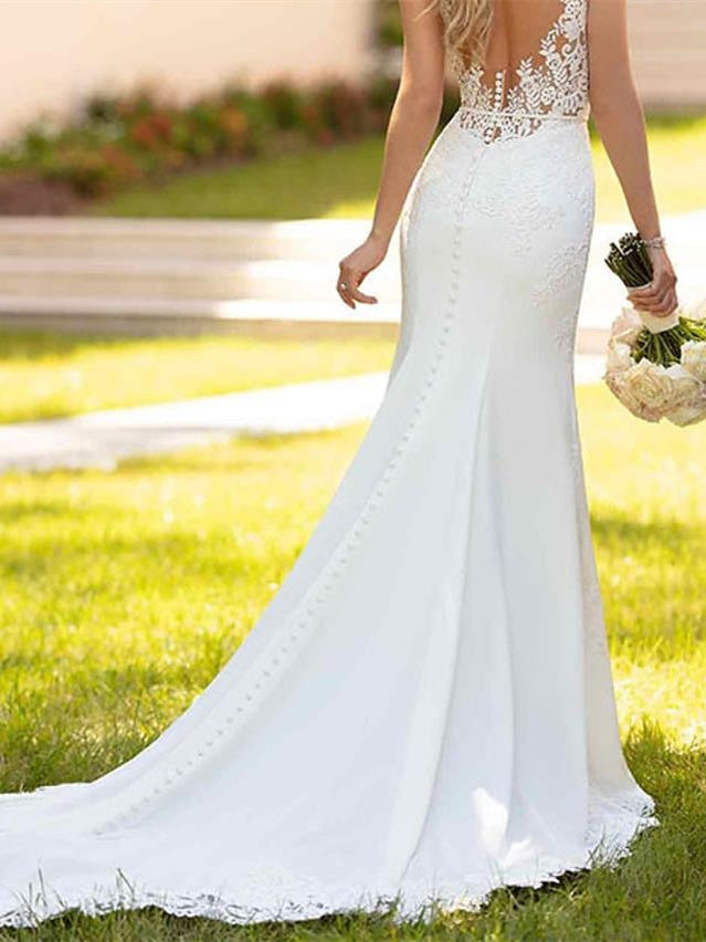Robe de Mariée Sirène/Trompette à Col en V Sans Manches et Traîne avec Appliques