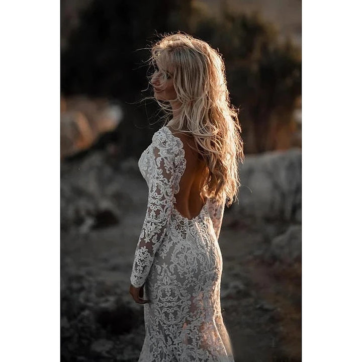 Robe de Mariée Sirène/Trompette à Col en V et Manches Longues avec Traîne et Appliques