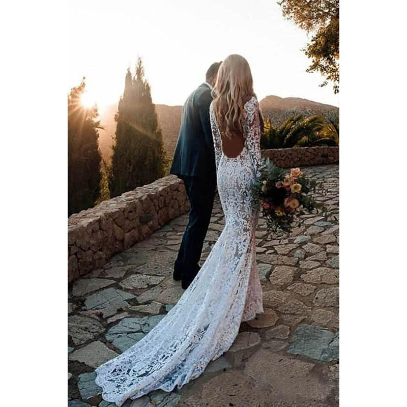 Robe de Mariée Sirène/Trompette à Col en V et Manches Longues avec Traîne et Appliques