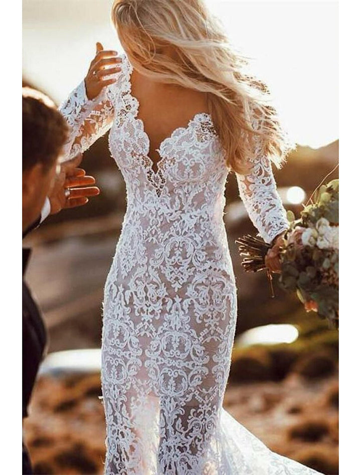 Robe de Mariée Sirène/Trompette à Col en V et Manches Longues avec Traîne et Appliques