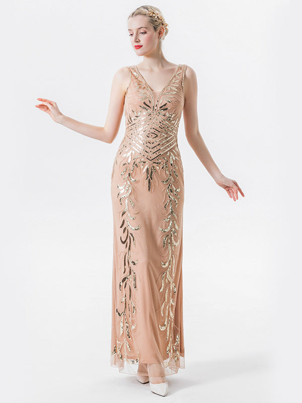 Robe Vintage Sans Manches à Col en V Sirène/Trompette avec Paillettes