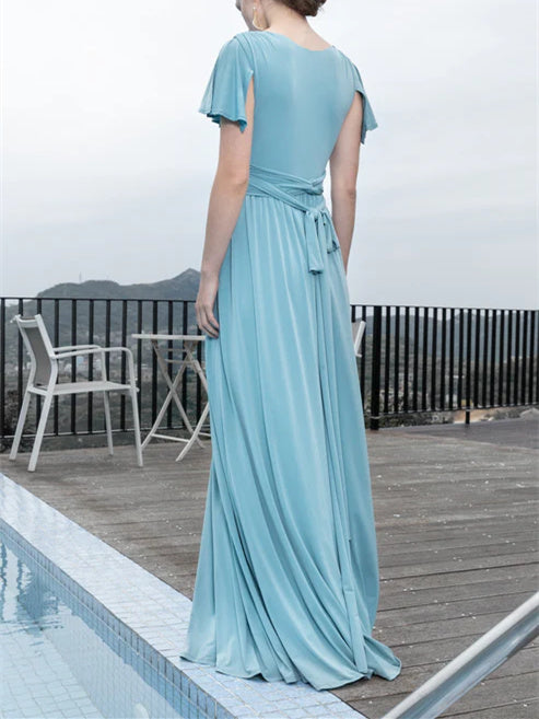 Robe de Mariée en Mousseline de Soie à Col en V et Manches Courtes, Coupe A-Line/Princess