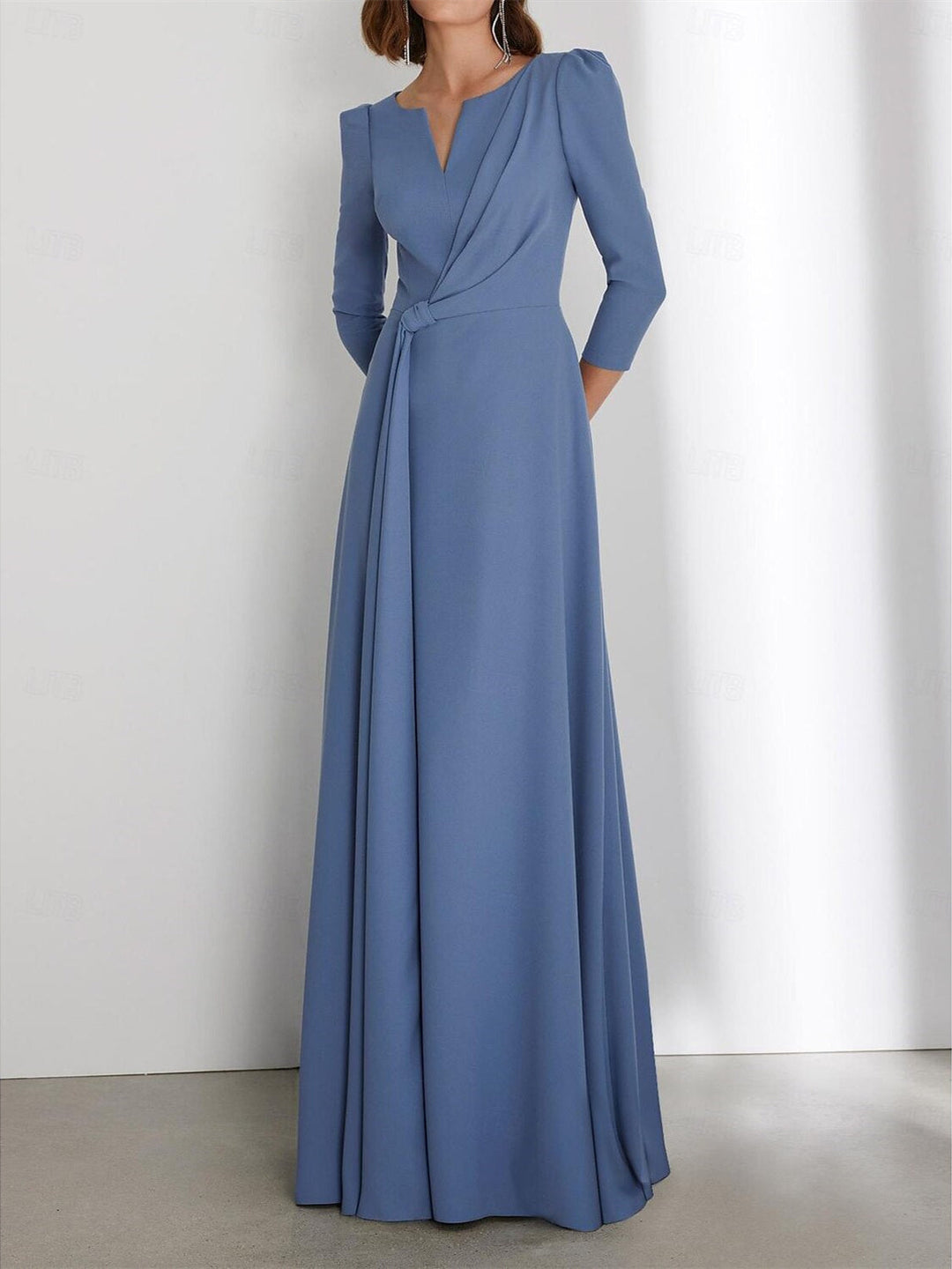 Robe D'Invitée de Mariage Fourreau/Colonne Longueur Au Sol Manches 3/4 Col en V avec Fronces Croisées