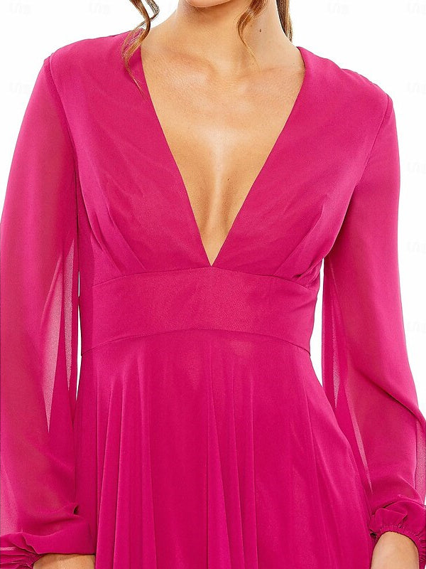 Robe de Mariée Trapèze Longueur Au Sol à Manches Longues et Col en V en Mousseline de Soie avec Plis