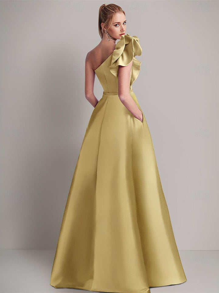 Robe D'Invitée de Mariage en Satin à Une Épaule Sans Manches, Longueur Au Sol, Coupe Trapèze, avec Poche, Fleur Sur L'Épaule