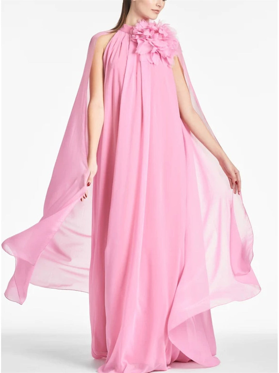 Robe D'Invitée de Mariage Coupe A-Line Longueur Au Sol Sans Manches Col Bijou en Mousseline de Soie avec Fleur Sur L'Épaule