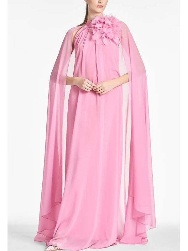 Robe D'Invitée de Mariage Coupe A-Line Longueur Au Sol Sans Manches Col Bijou en Mousseline de Soie avec Fleur Sur L'Épaule