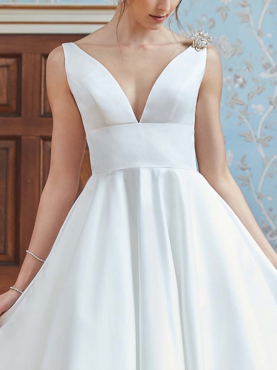 Robe de Mariée Sexy Coupe A-Line/Princess à Col en V et Longueur Thé