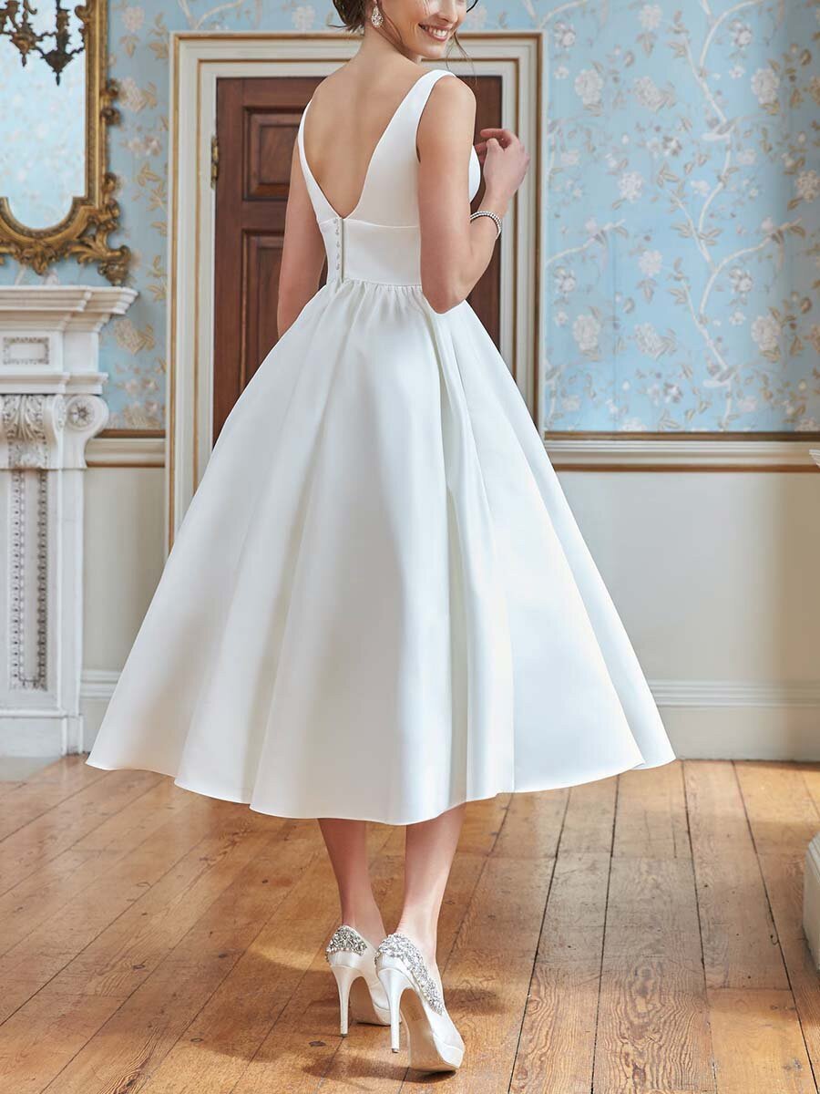 Robe de Mariée Sexy Coupe A-Line/Princess à Col en V et Longueur Thé