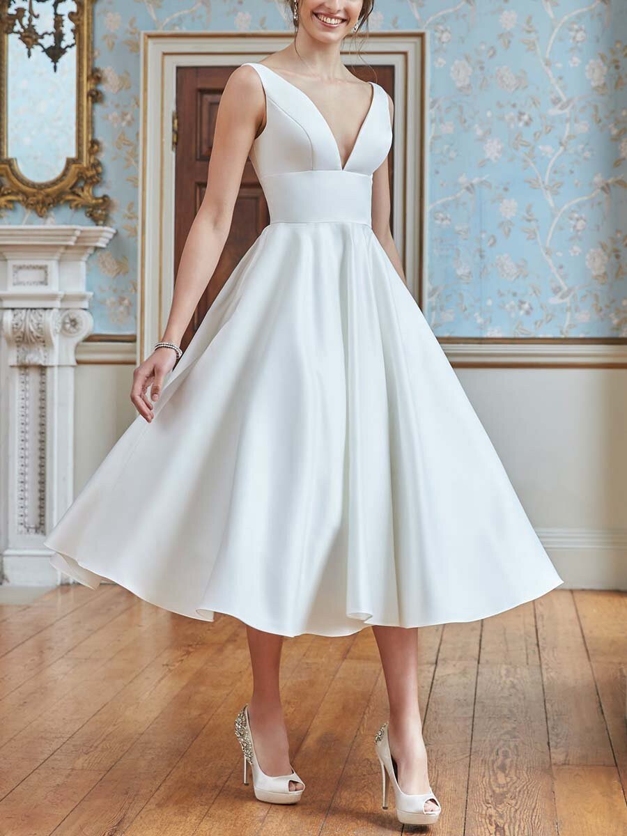 Robe de Mariée Sexy Coupe A-Line/Princess à Col en V et Longueur Thé