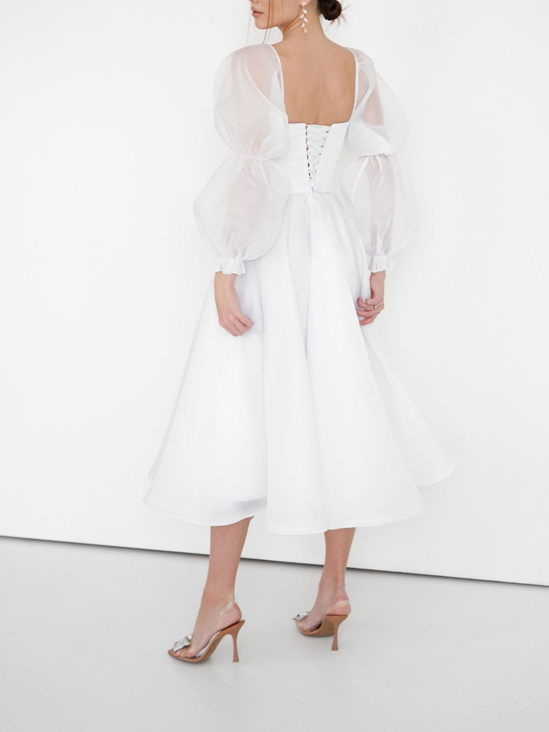 Robe de Mariée Trapèze/Princesse à Encolure Dégagée et Manches Longues en Dentelle