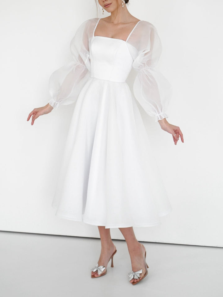 Robe de Mariée Trapèze/Princesse à Encolure Dégagée et Manches Longues en Dentelle