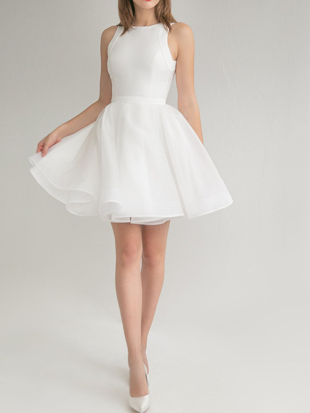 Robe de Mariée Courte à Manches Longues et Col Rond, Coupe A-Line/Princesse