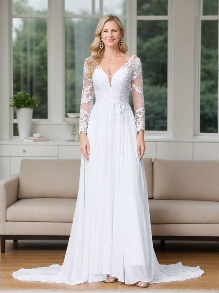 Robe de Mariée Trapèze/Princesse à Col en V et Manches Longues avec Appliques
