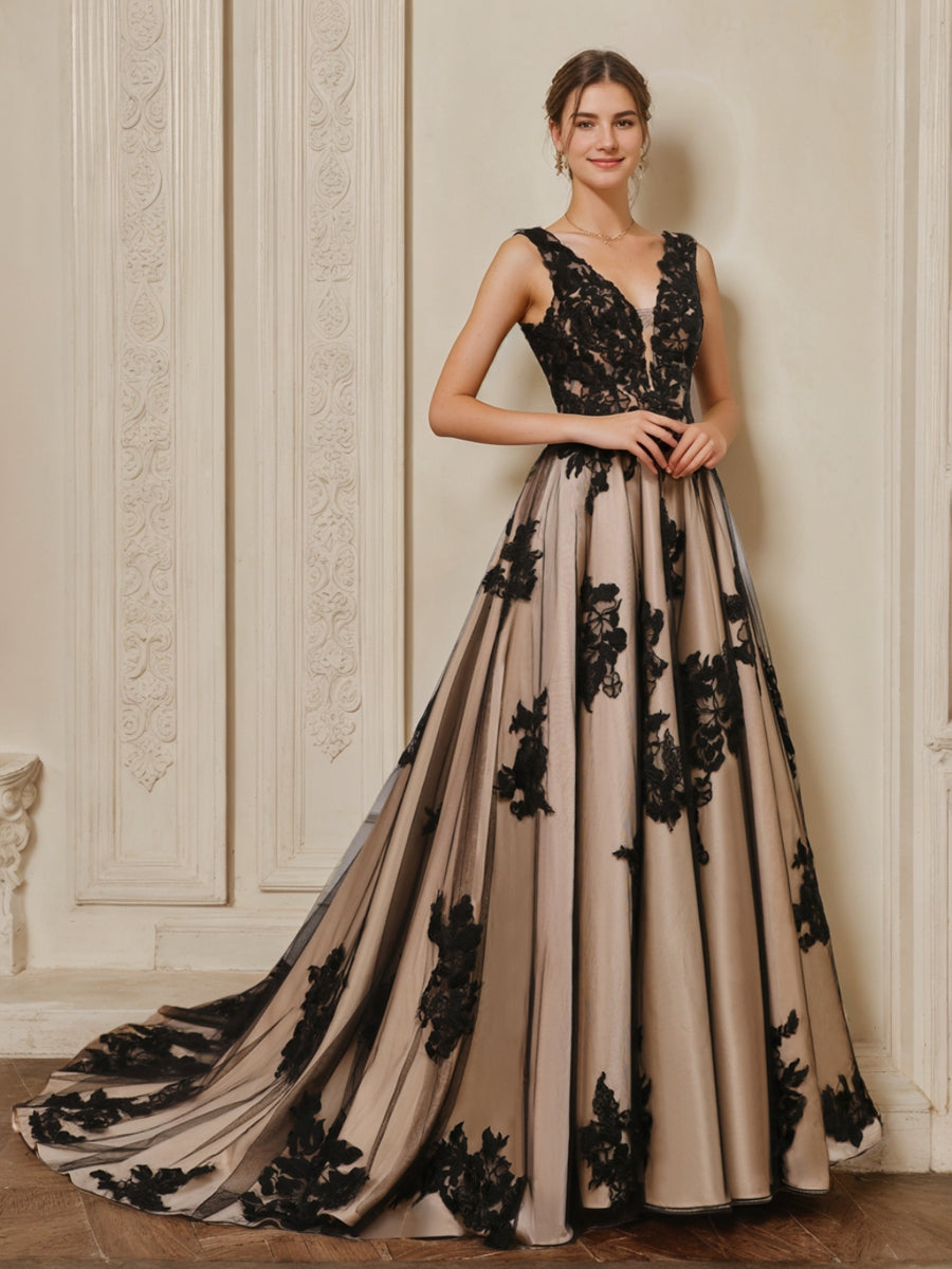 Robe de Mariée Longue en Tulle Sans Manches à Col en V et Coupe Princesse avec Appliques