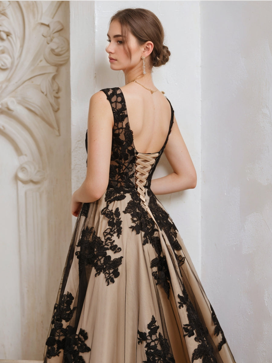 Robe de Mariée Longue en Tulle Sans Manches à Col en V et Coupe Princesse avec Appliques