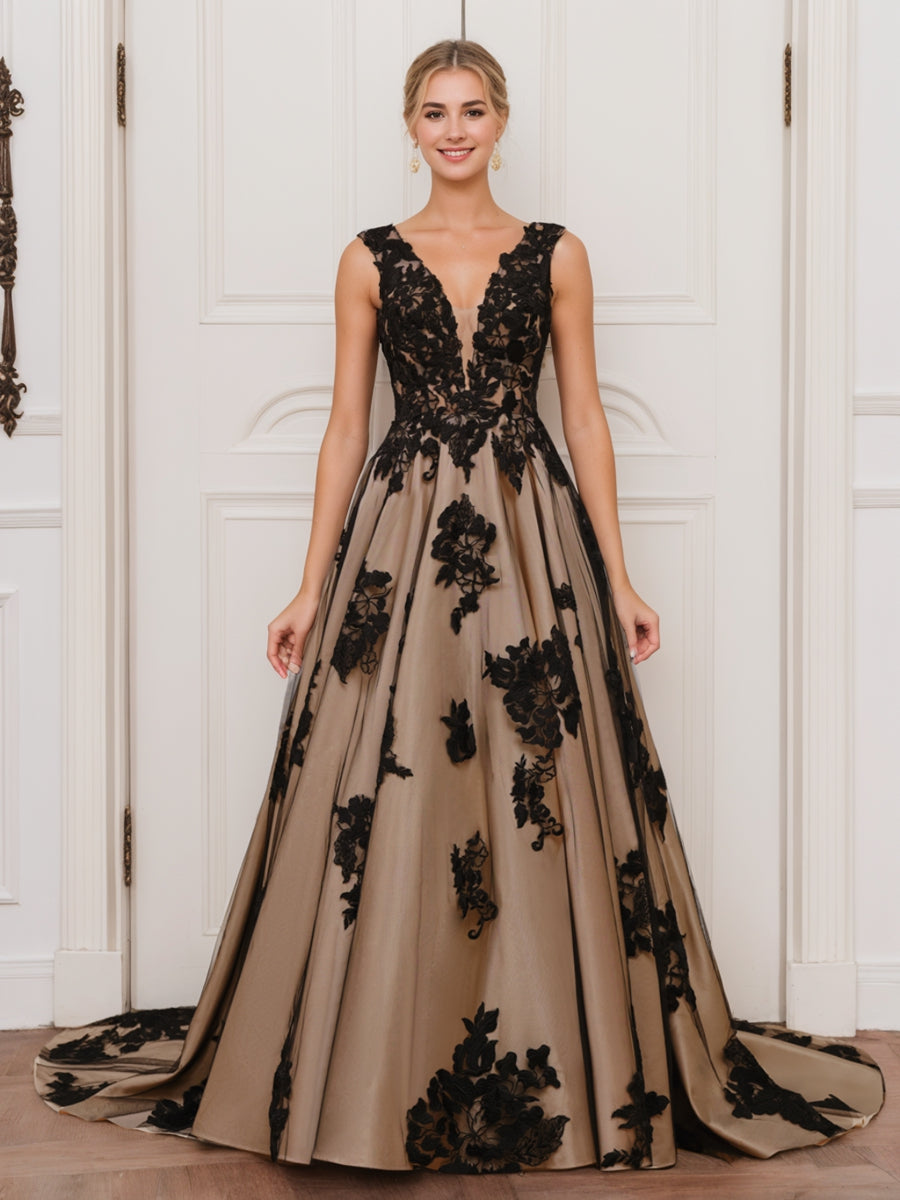 Robe de Mariée Longue en Tulle Sans Manches à Col en V et Coupe Princesse avec Appliques