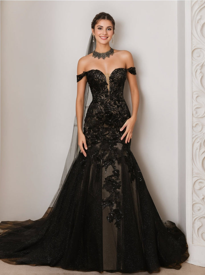 Robe de Mariée Sirène en Tulle Sans Manches à Épaules Dénudées avec Appliques