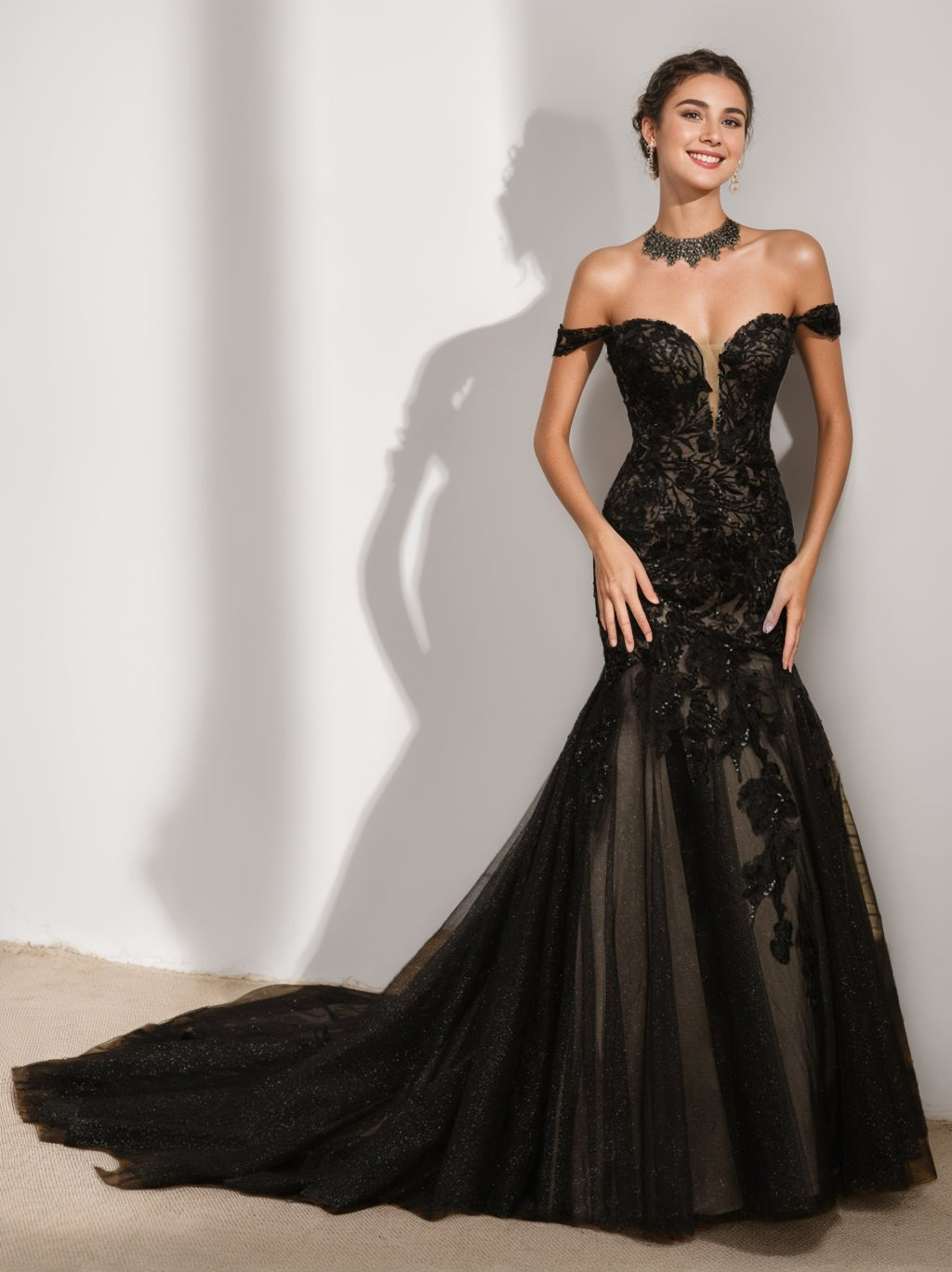 Robe de Mariée Sirène en Tulle Sans Manches à Épaules Dénudées avec Appliques